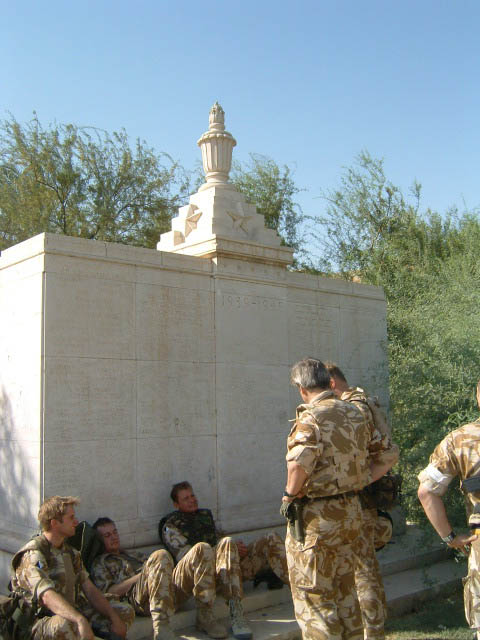 British Army personnel at the WW2 Indian Army Cremation memorial, Basra Indian Army Cemetery, 2003.