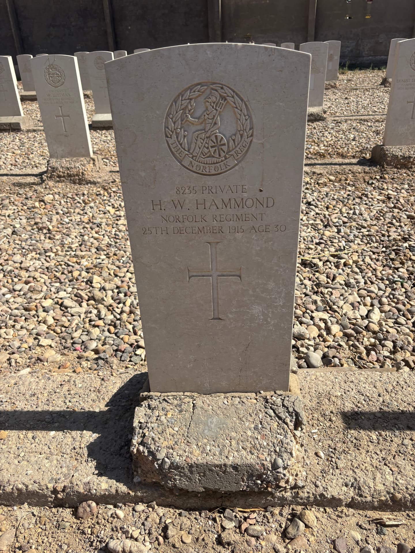 The headstone of 8235 Private H. W. Hammond, Norfolk Regiment, died 25 December 1915 aged 30, one of the men who died during the siege on Christmas Day.