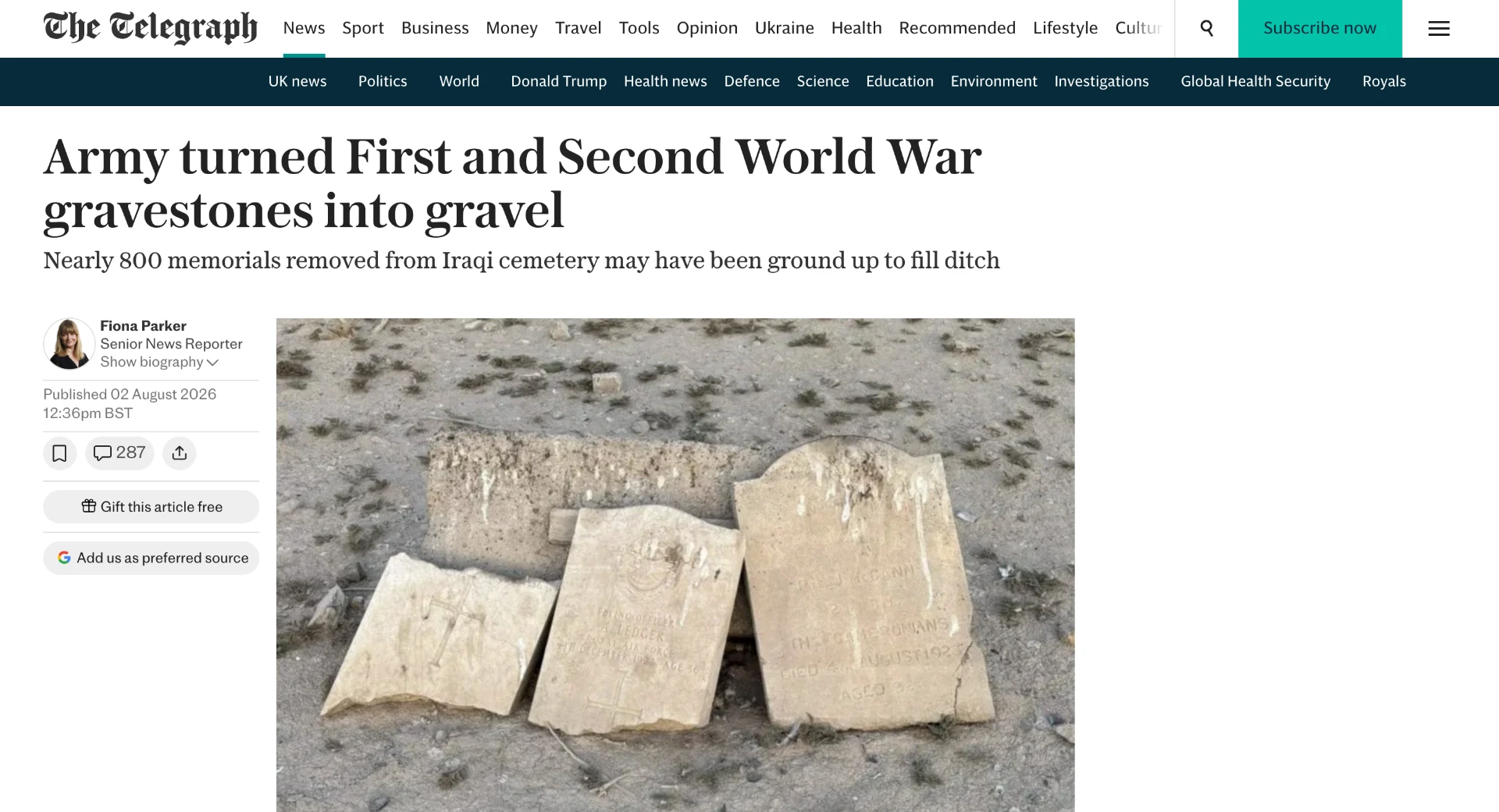 The Telegraph article: Army turned First and Second World War gravestones into gravel