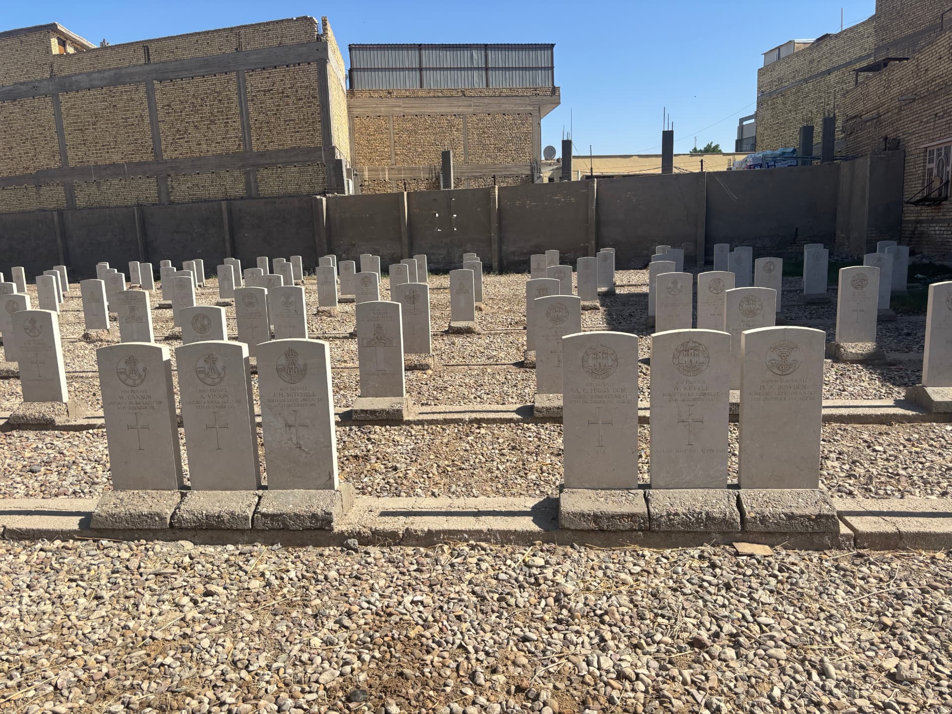 Rows of the 410 replacement headstones installed during the renovation, including men of the Oxfordshire and Buckinghamshire Light Infantry, Durham Light Infantry, Dorsetshire and Somerset Light Infantry who died in December 1915 during the siege.