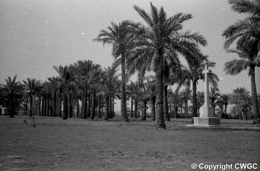A wide view across the cemetery lawns, with the gatehouse at left and the Cross of Sacrifice at right, set among lines of mature date palms. © CWGC.
