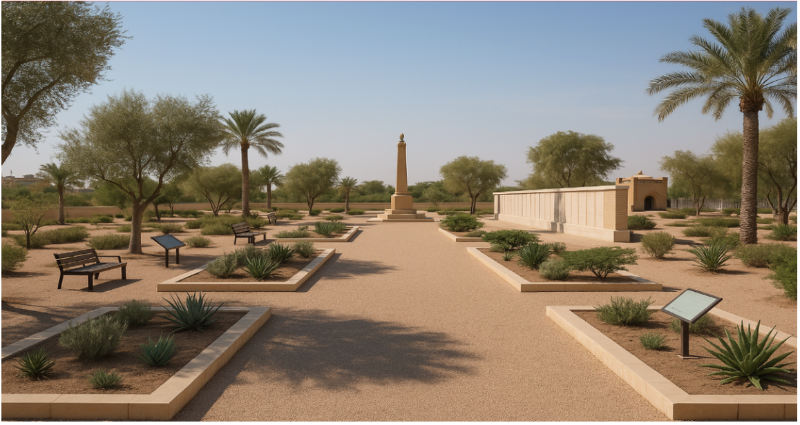 Conceptual vision of Basra Indian Forces Peace Park with memorial wall and landscaping