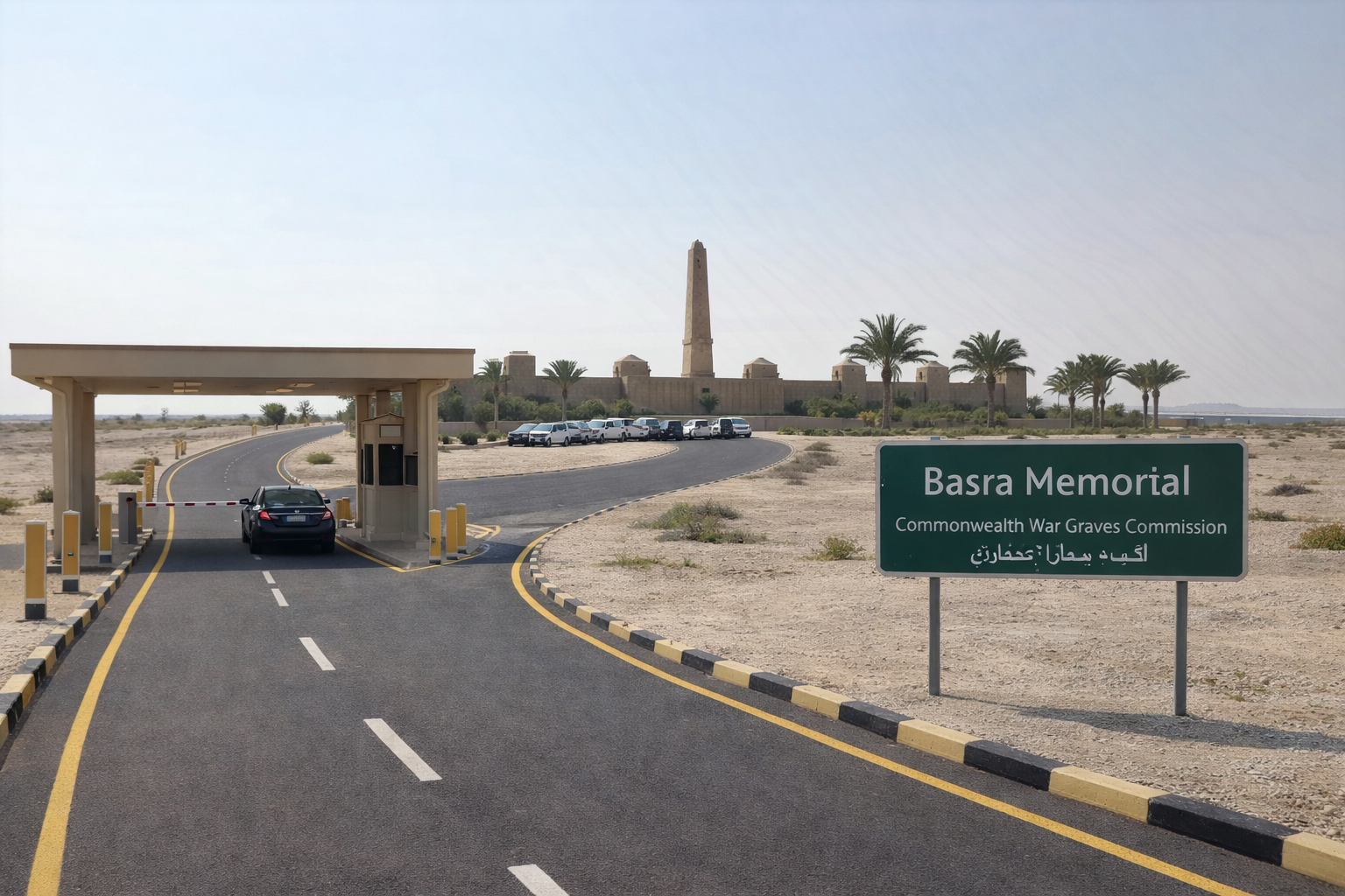 Conceptual vision of restored Basra Memorial with entrance road and landscaping