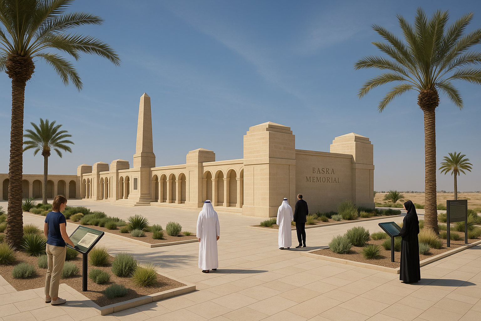 Conceptual vision of restored Basra Memorial with visitors and landscaping