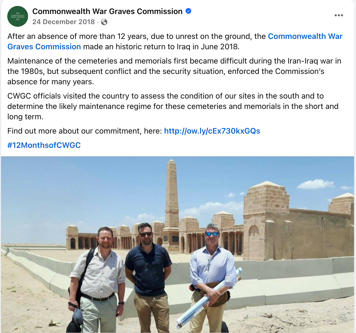 CWGC Facebook post from December 2018 announcing their historic return to Iraq