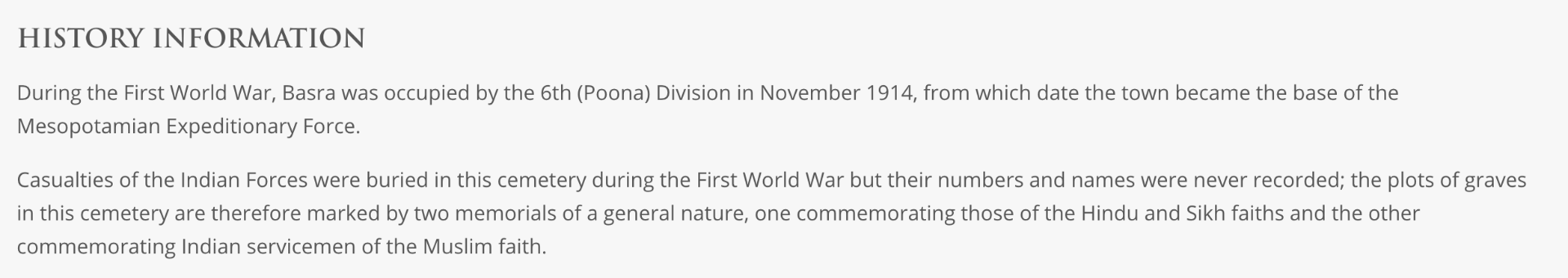 Screenshot of the CWGC website History Information page for an Iraq cemetery, showing the outdated condition notes
