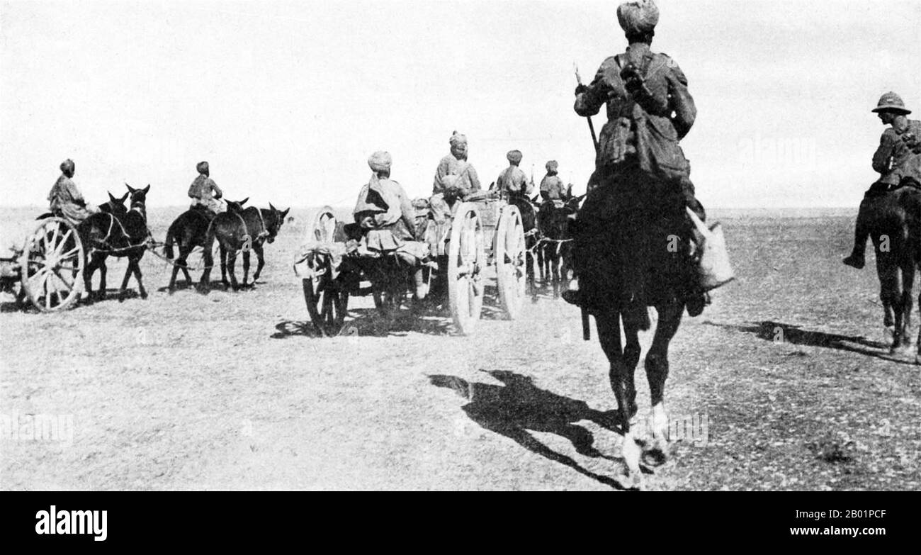British Indian Army soldiers laying military telephone wires, Mesopotamia 1917