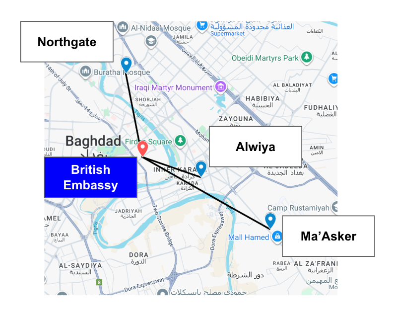 Map showing CWGC sites in and around Baghdad including Northgate, Alwiya, Ma'Asker, and Habbaniya