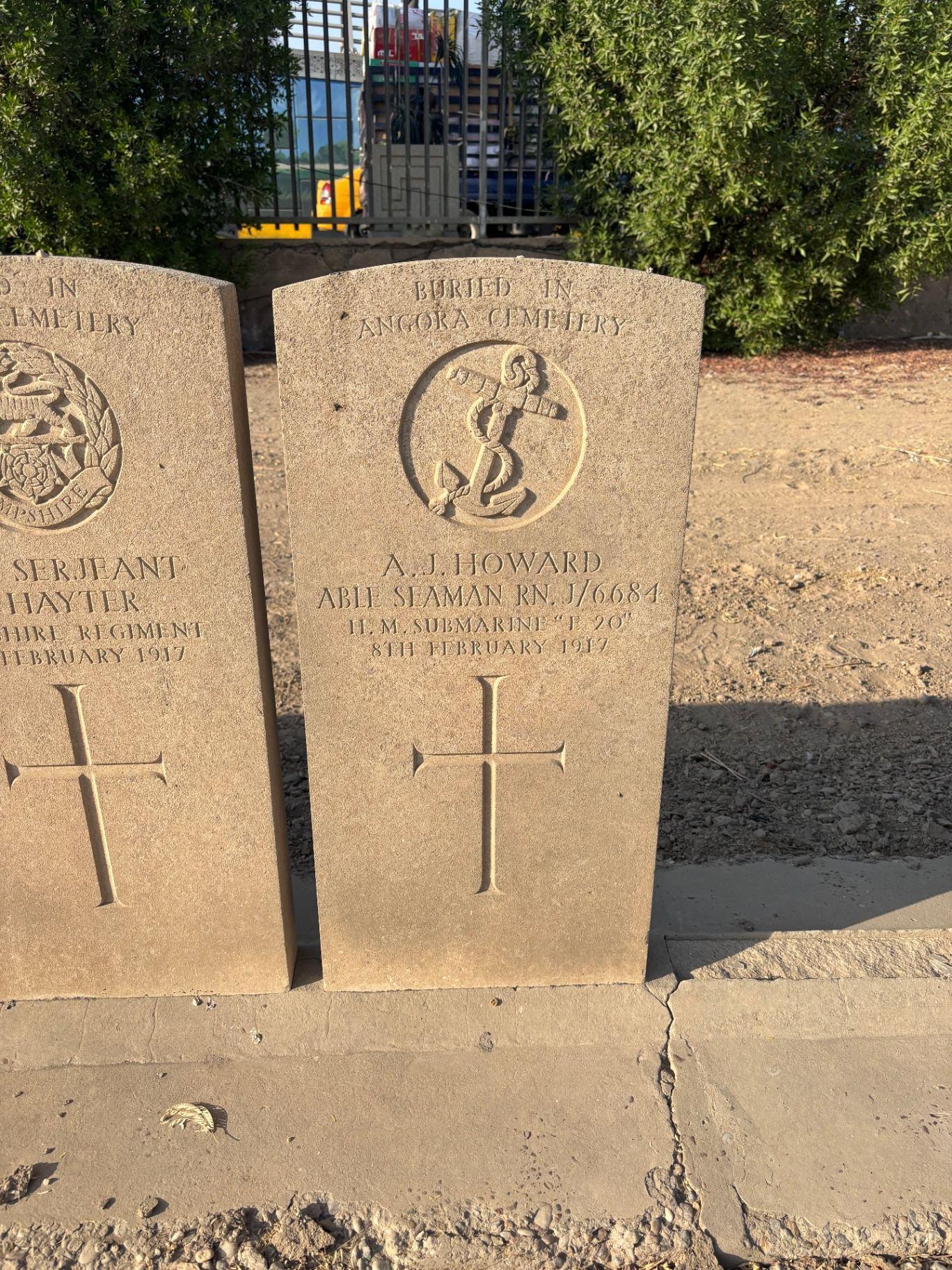 Headstone-style memorial at Baghdad Northgate to Able Seaman A. J. Howard, RN, J/76684, HM Submarine J20, buried in Angora Cemetery, who died on 8 February 1917.