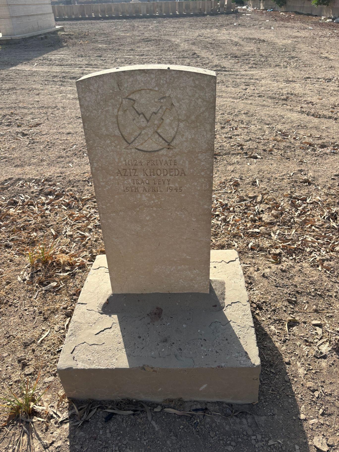 Headstone at Baghdad Northgate to 11124 Private Aziz Khodeda, Iraq Levy, died 15th April 1945.