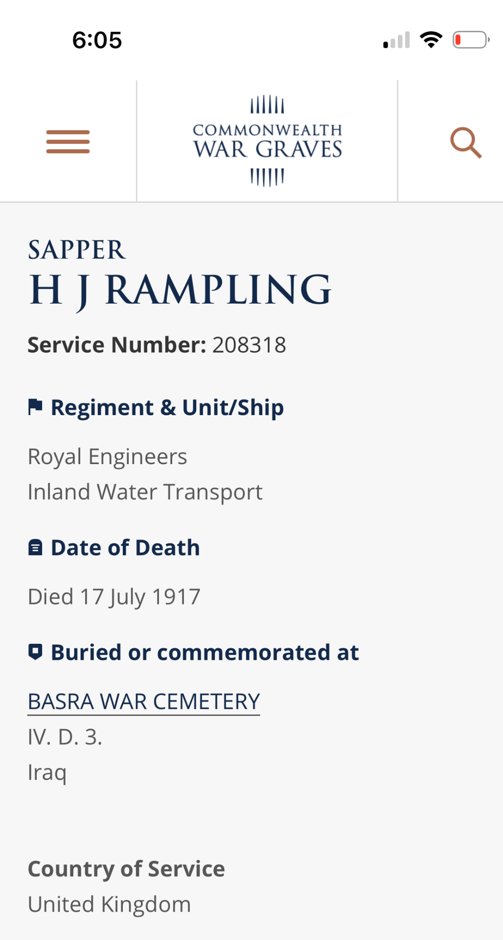 Sapper Horace Johnson Rampling (c. 1880–1917)